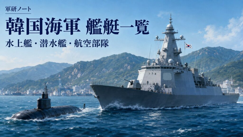韓国海軍の艦艇一覧表紙。現代の水上艦と潜水艦を模式的に描いた扉絵