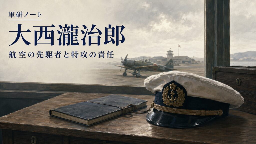 大西瀧治郎の記事表紙。軍帽と飛行記録、飛行場を題材にした扉絵