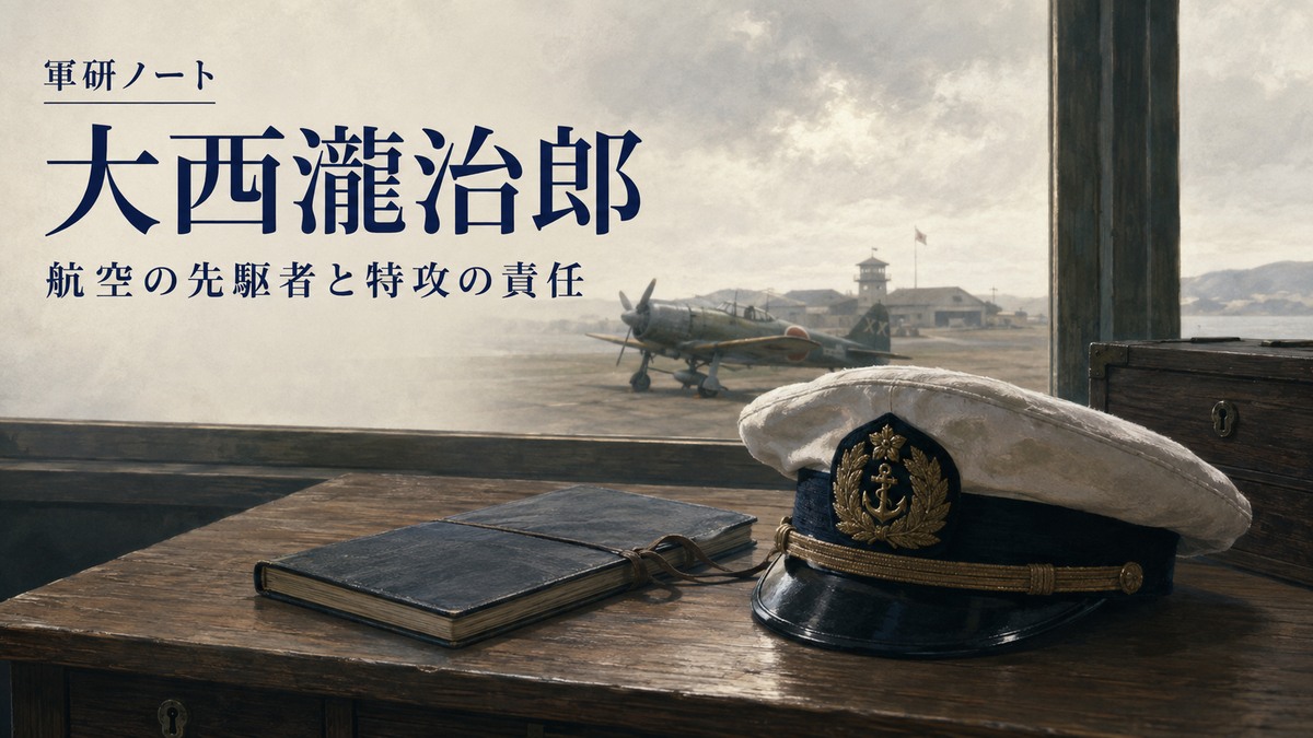 大西瀧治郎の記事表紙。軍帽と飛行記録、飛行場を題材にした扉絵