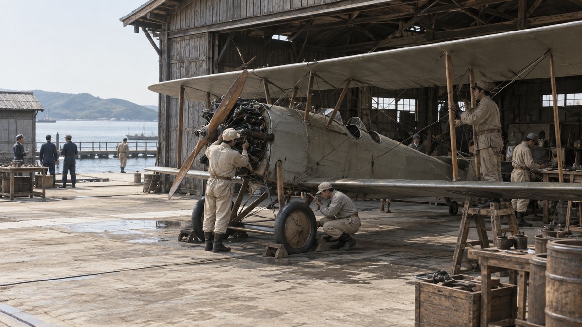 海軍航空の草創期を思わせる木造格納庫と複葉機