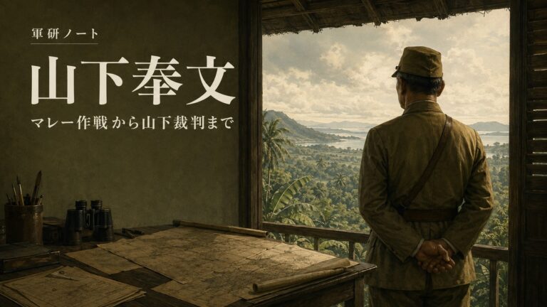 山下奉文の記事表紙。熱帯の景色を望む軍人の後ろ姿を描いた扉絵