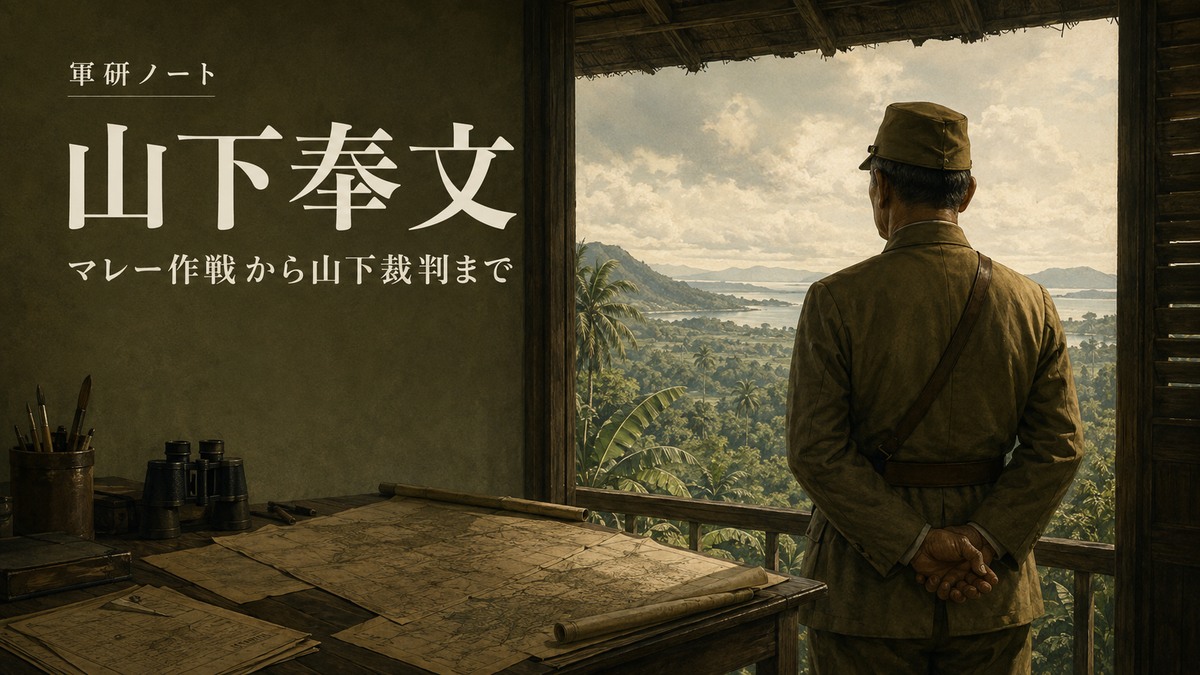 山下奉文の記事表紙。熱帯の景色を望む軍人の後ろ姿を描いた扉絵