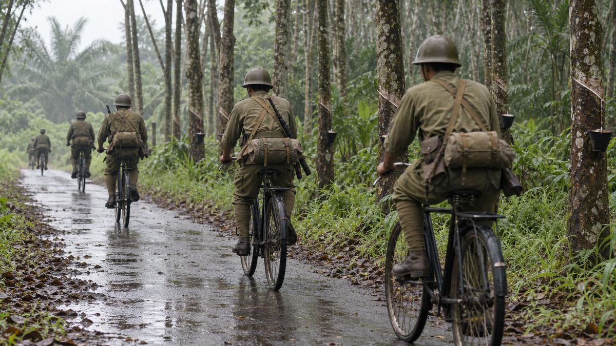 熱帯の道路を自転車で移動する兵士たち