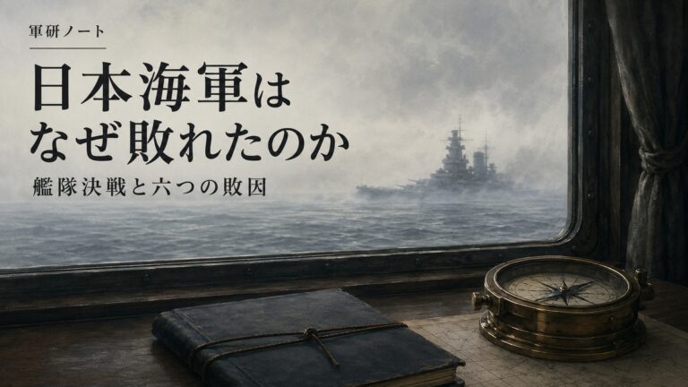 日本海軍の敗因記事表紙。海図と羅針盤の向こうに遠い艦影を描いた扉絵