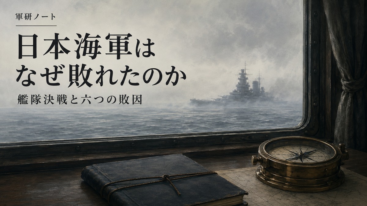 日本海軍の敗因記事表紙。海図と羅針盤の向こうに遠い艦影を描いた扉絵