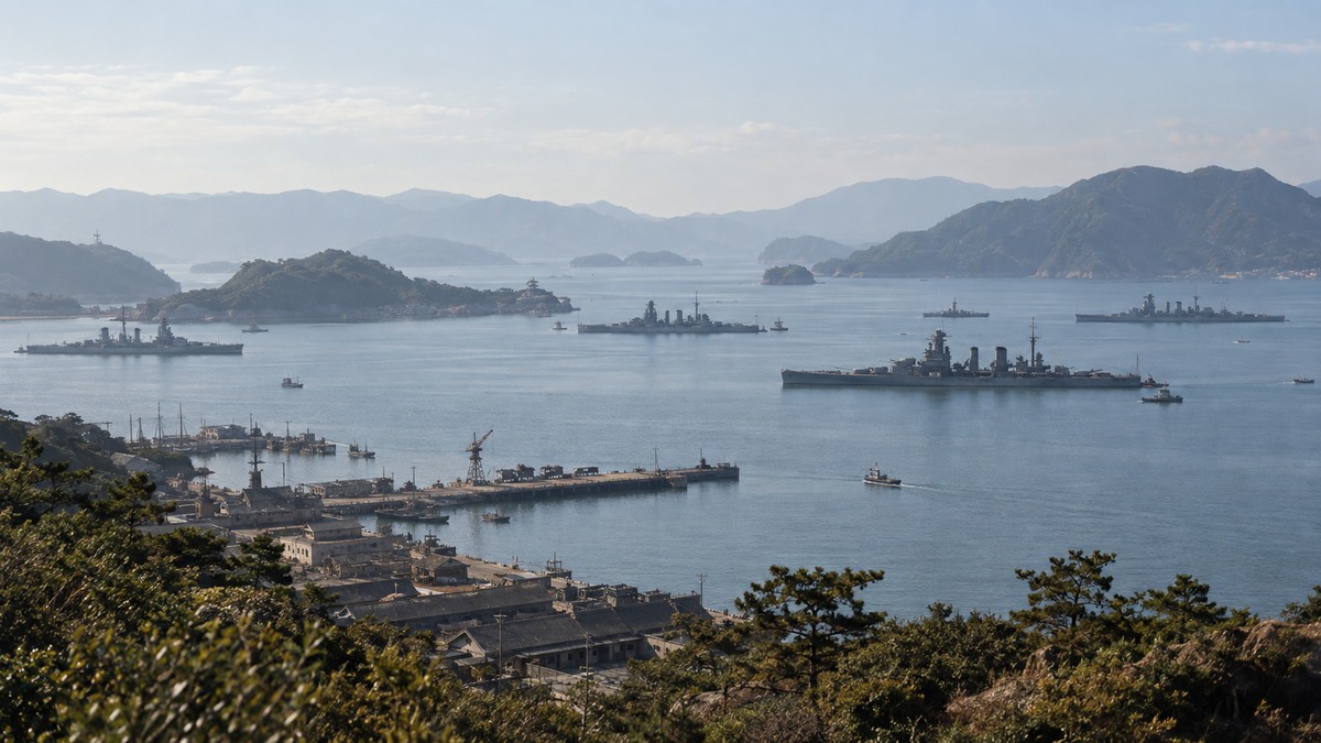 広い泊地に停泊する軍艦の遠景