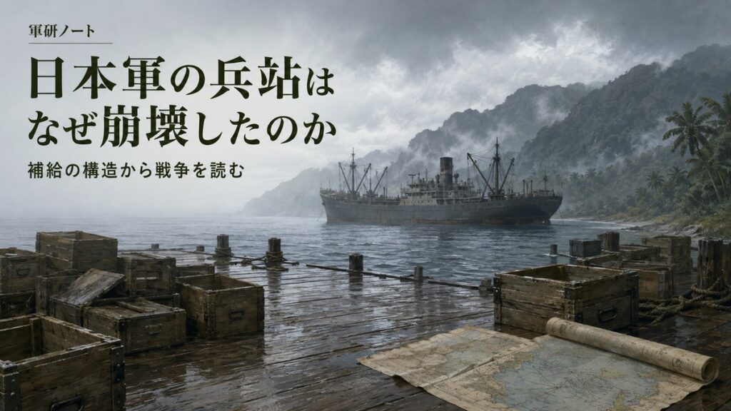 日本軍の兵站記事表紙。補給箱と桟橋、沖合の輸送船を描いた扉絵