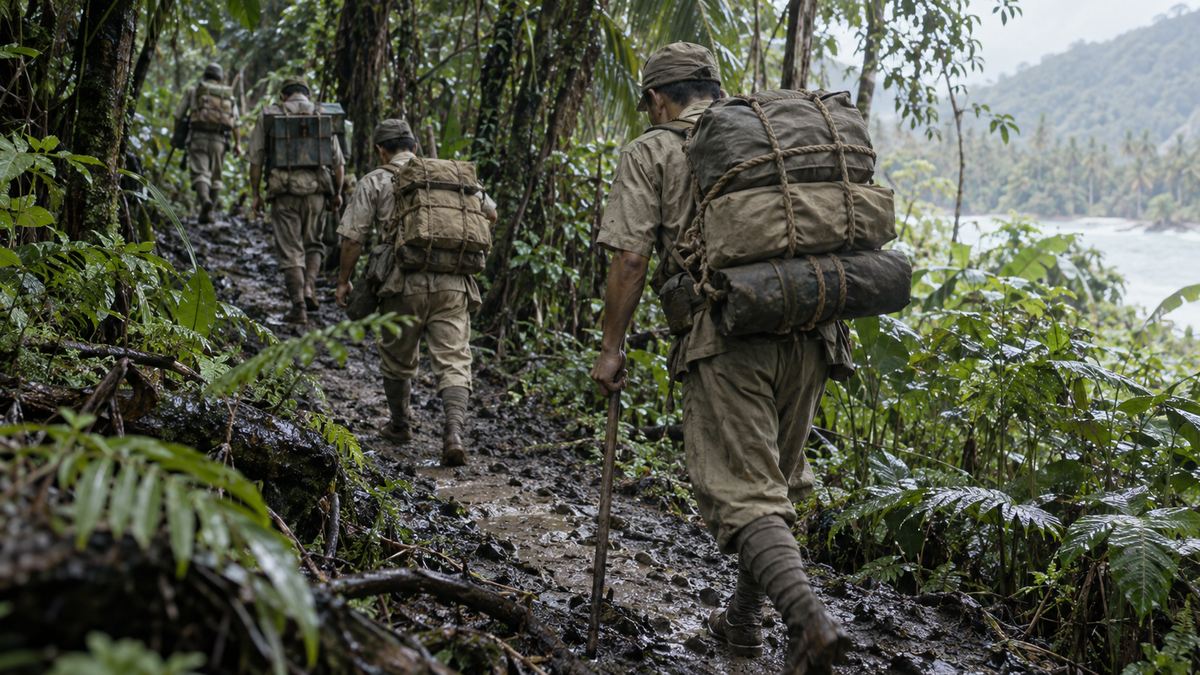 密林のぬかるんだ道を物資を担いで進む兵士