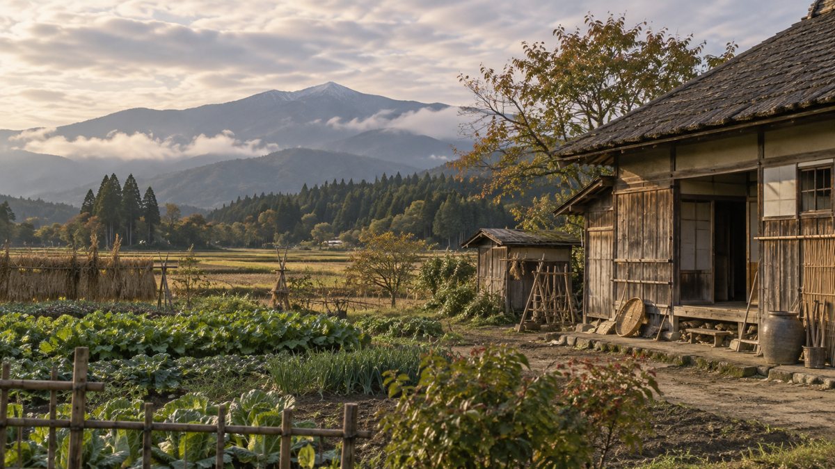 庄内の田畑と農家。石原が晩年に向き合った農村の暮らし。