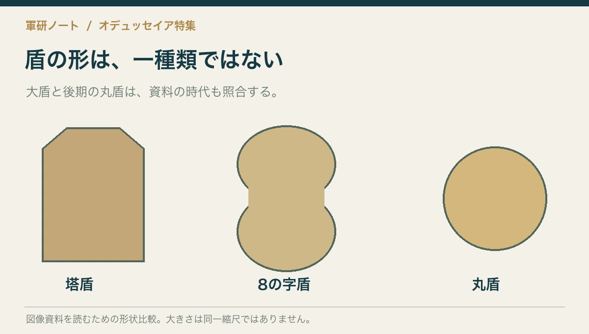 塔盾・8の字盾・丸盾の形状比較