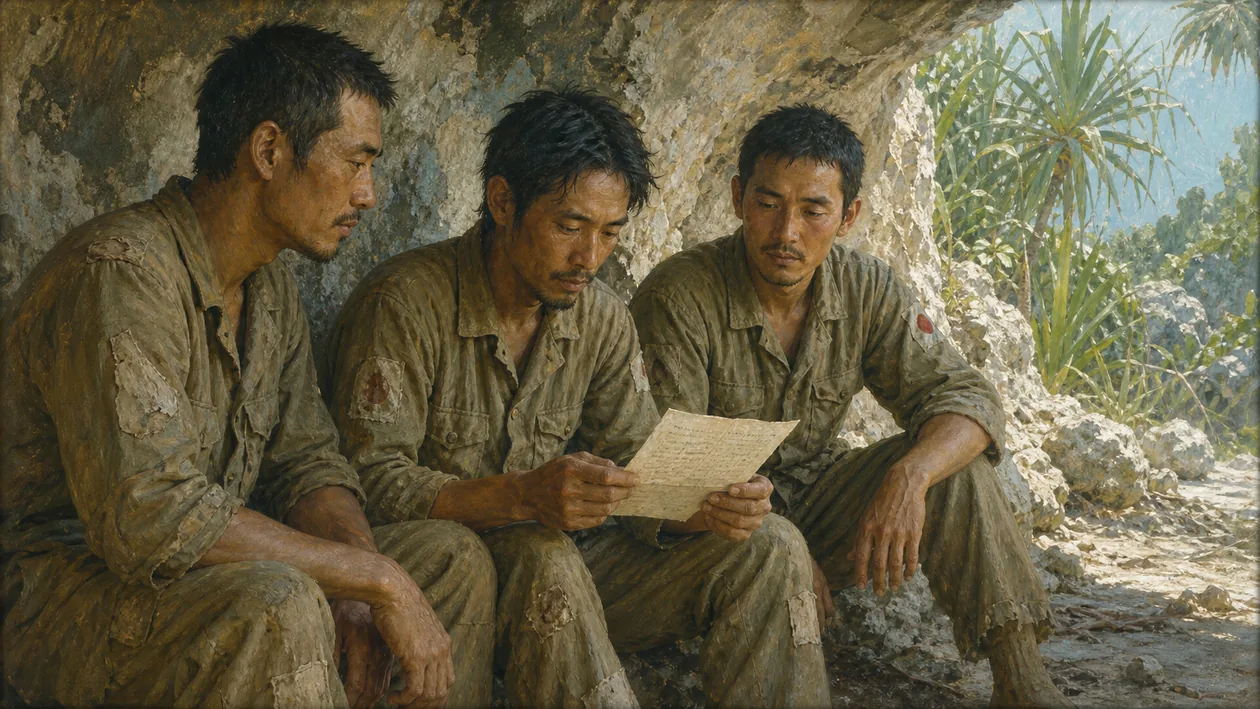 洞窟の明かりの下で故郷からの便りを確かめる日本兵たち