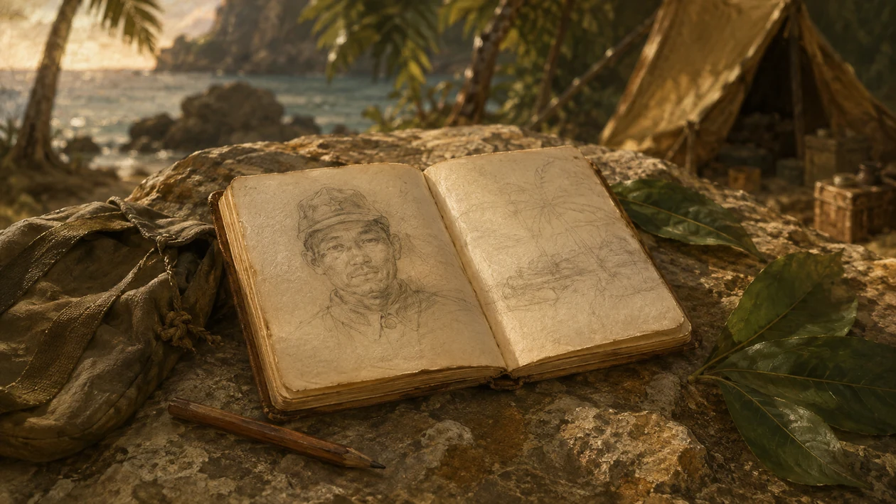 兵士の似顔絵を描きかけた手帳と鉛筆が残る野営地