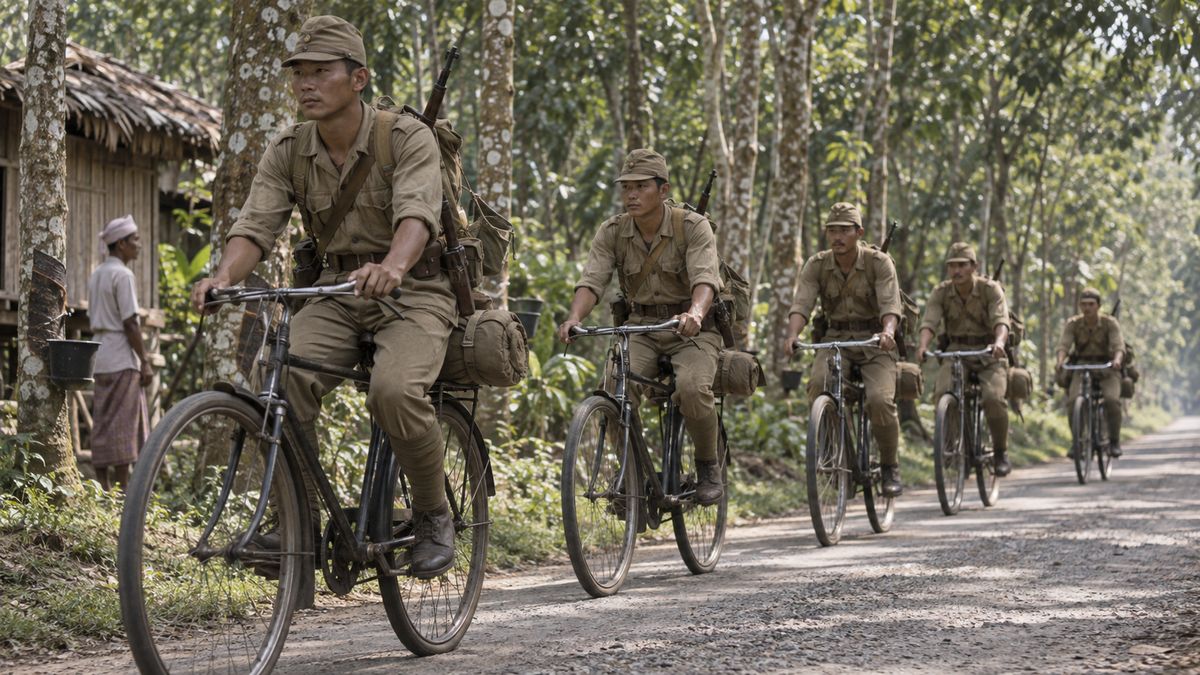熱帯の道路を自転車で進む日本軍の兵士たち