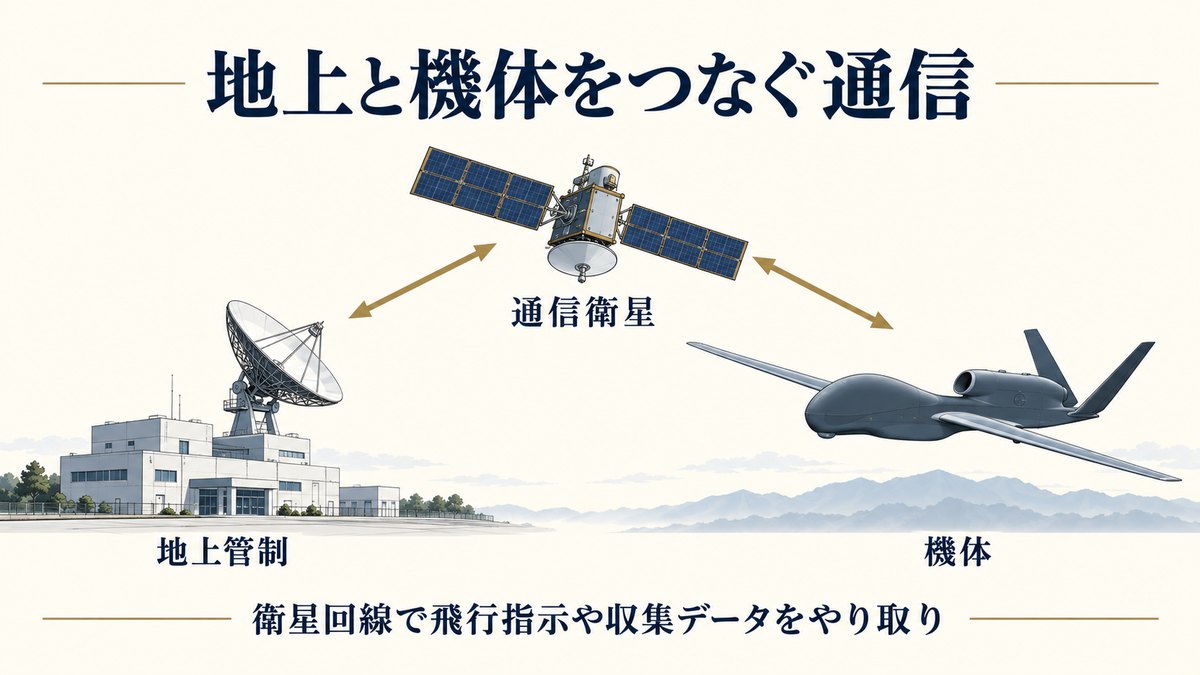地上管制と通信衛星、機体を結ぶ衛星回線の概念図