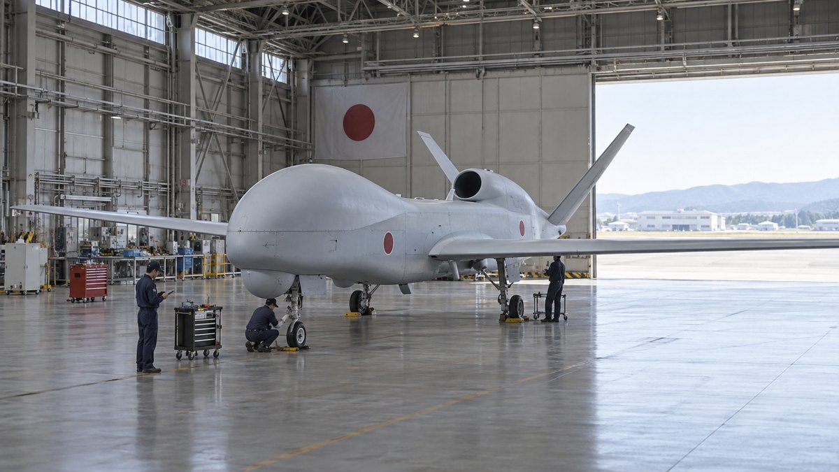 格納庫で点検を受けるRQ-4Bと整備員