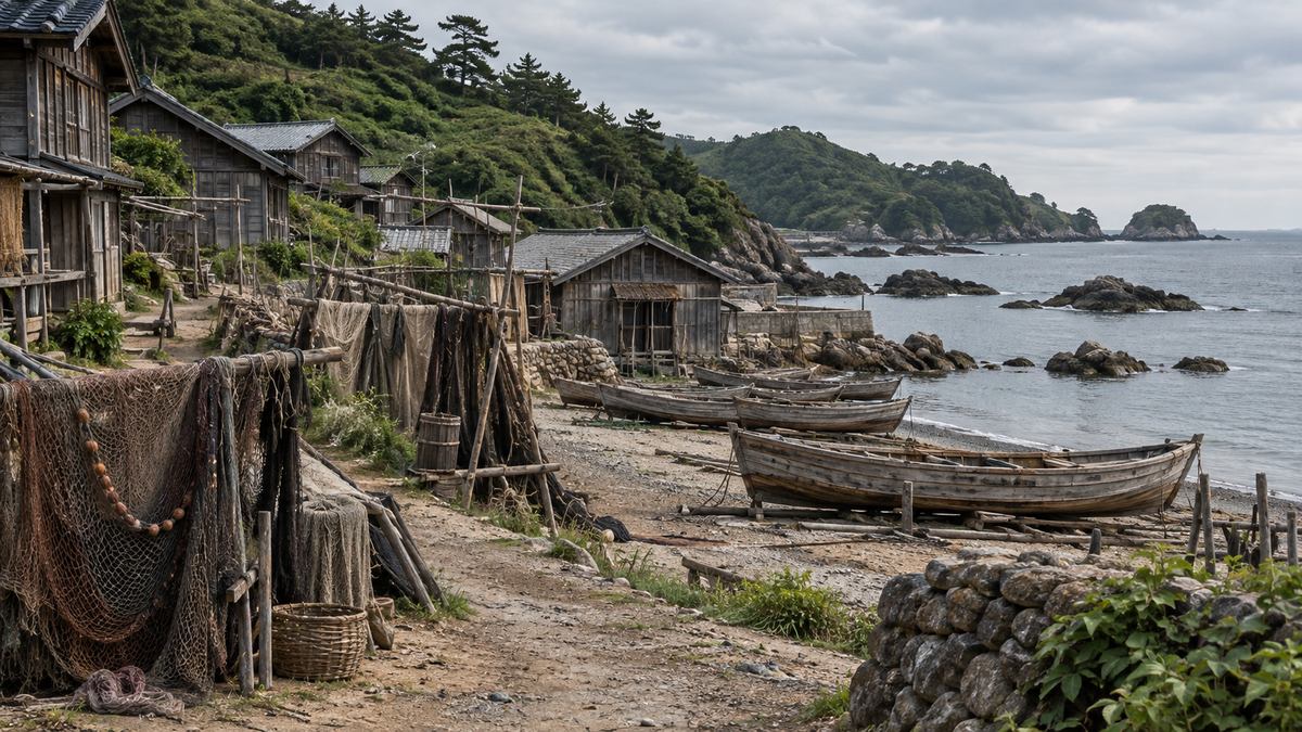 北の海辺に並ぶ漁村の家