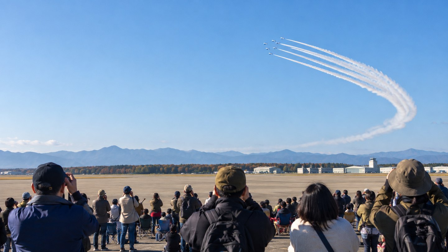 遠くの飛行展示を見渡す航空祭の観客席。