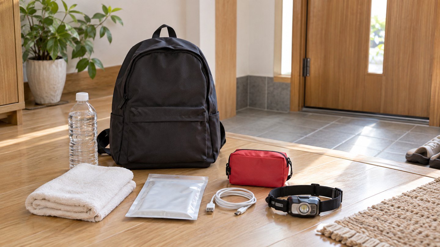 持ち出し袋は、必要な道具を取り出しやすくまとめる。