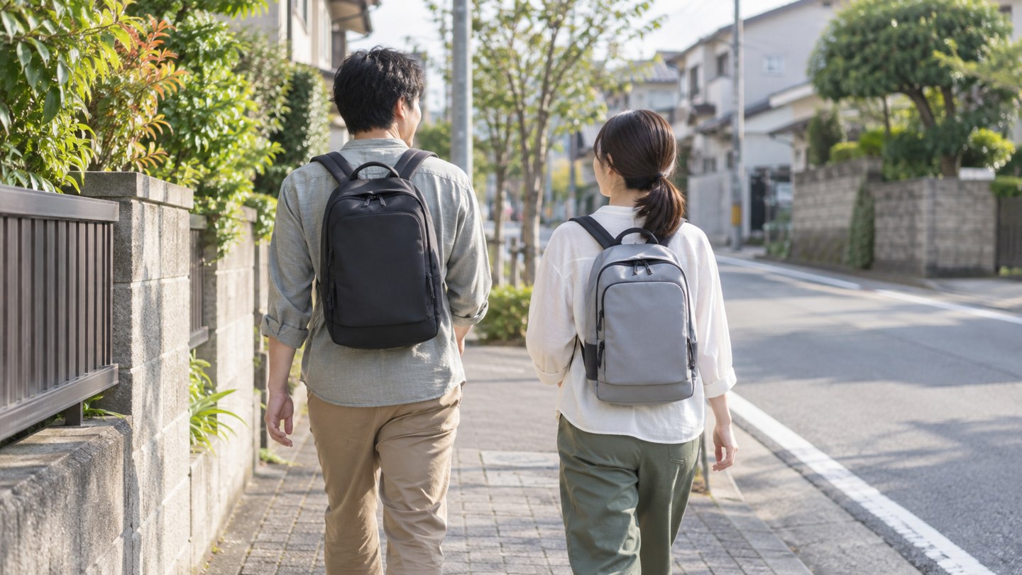 持ち出し袋を背負って歩き、重さと移動しやすさを確かめる。