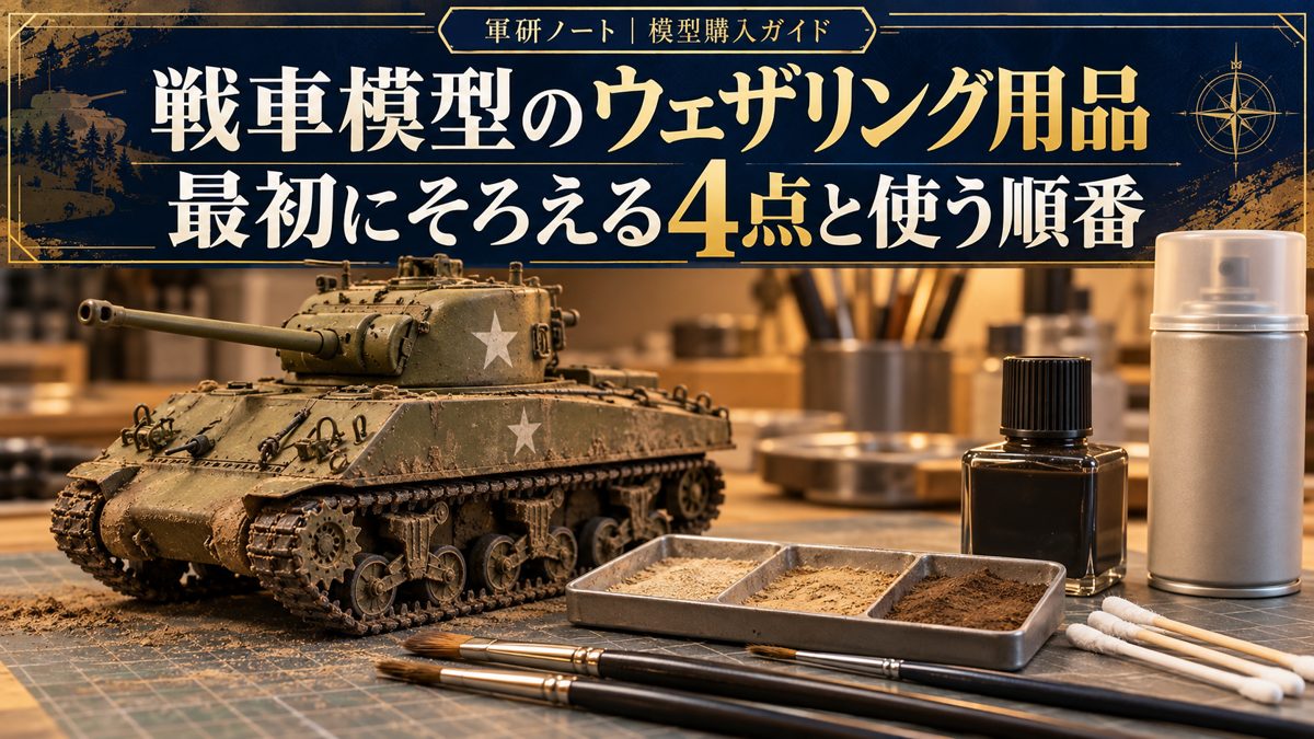 戦車模型とウェザリング用品を並べた作業机のイメージ