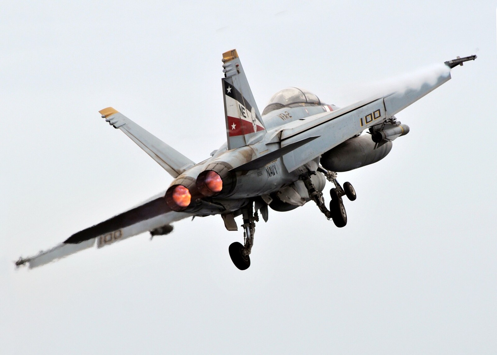 上昇するF/A-18Fスーパーホーネット。双発エンジンを備える複座型。