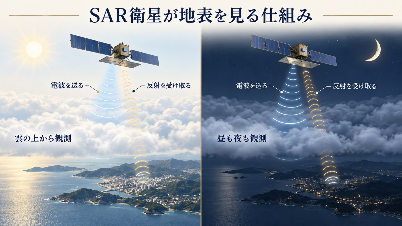 SAR衛星は自ら送った電波の反射を受け取り、昼夜や雲の影響を受けにくい観測を行う。