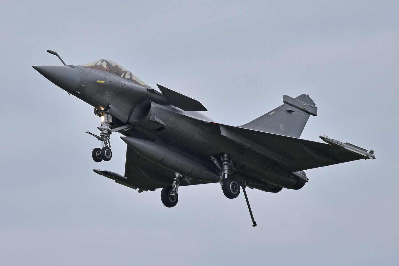 航空祭で飛行するフランス海軍のラファールM。主翼の前にカナード翼を備える。