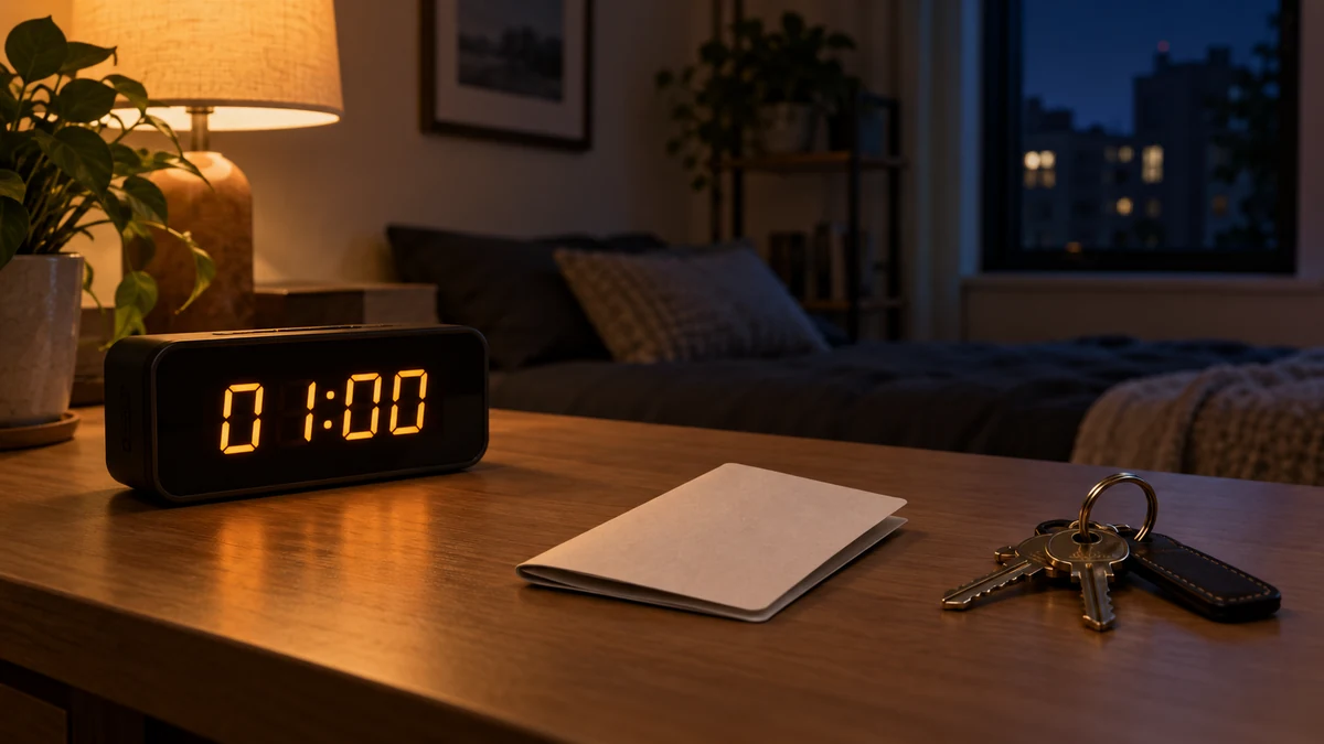 午前1時を示す時計と部屋に置かれた鍵