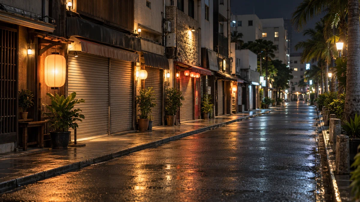 店が閉まった深夜の街路のイメージ