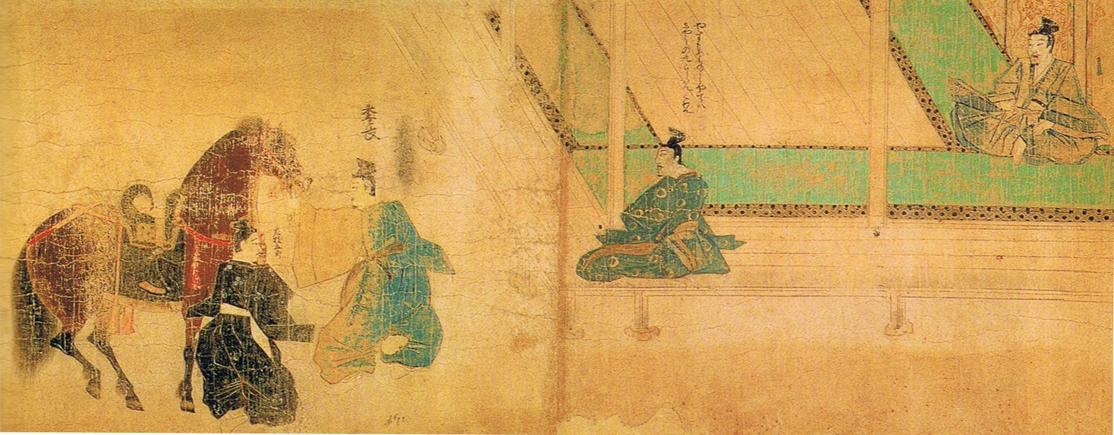 安達泰盛から馬を拝領する竹崎季長。『蒙古襲来絵詞』前巻。