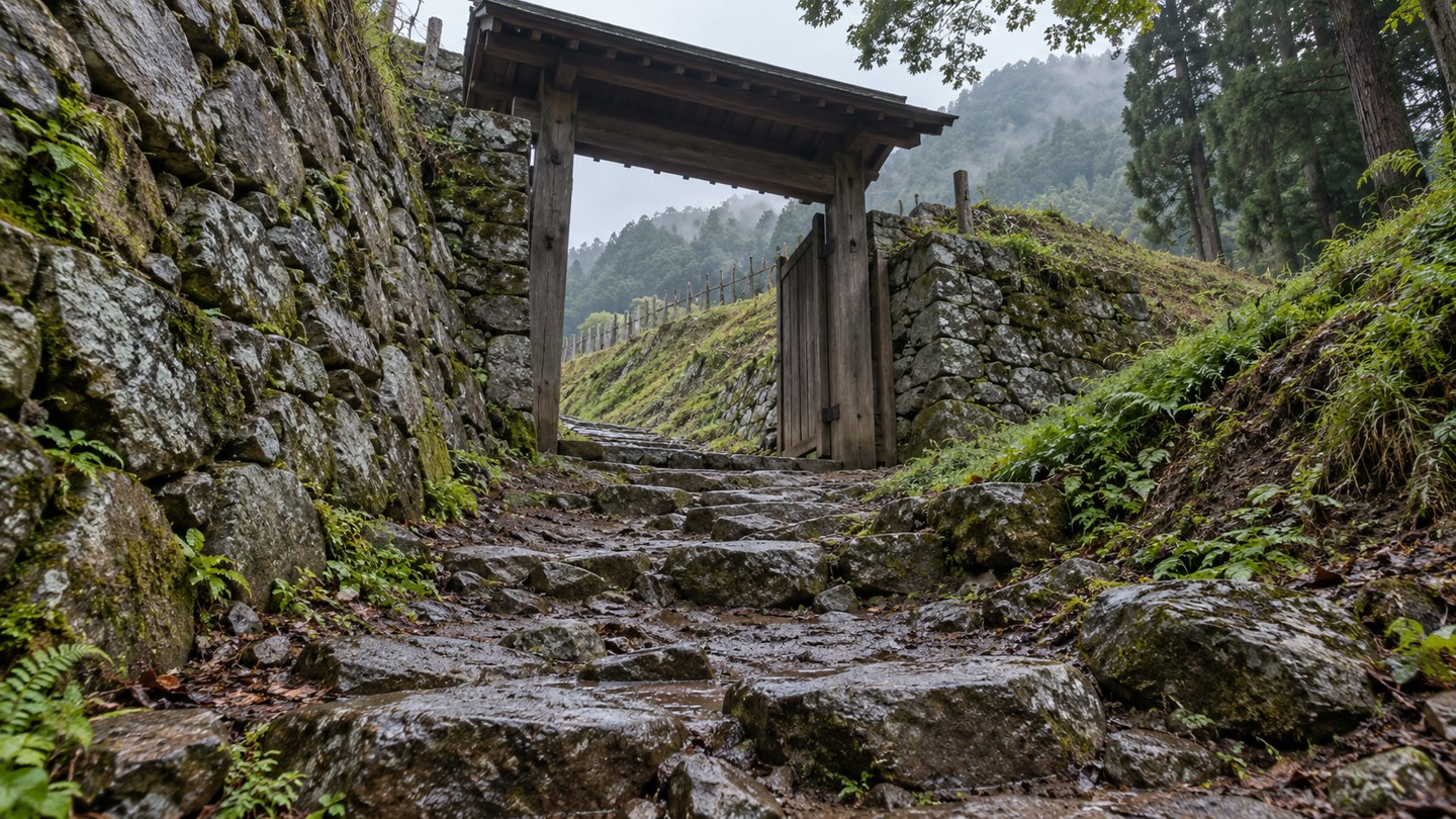 山道と石垣、門を組み合わせた城の防御。