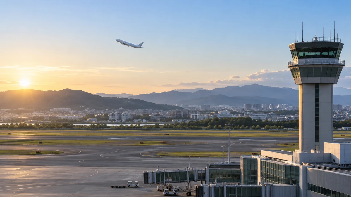 空港の管制塔と離陸する旅客機のイメージ